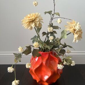 Orange Ceramic Vase with Cream Flowers